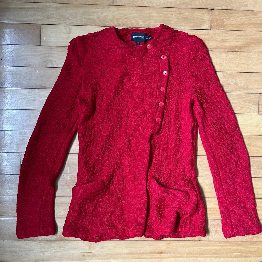 VTG Giorgio Armani Red Textured Asymmetric Button Front Knit Jacket Made Italy 8